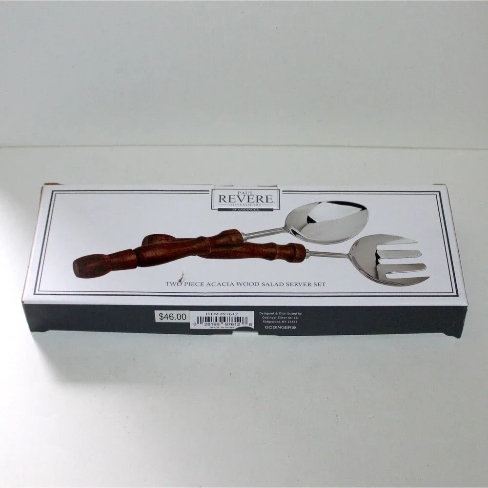 Paul Revere 2 Piece Salad Server Set Godinger Stainless Steel Acacia Wood NEW